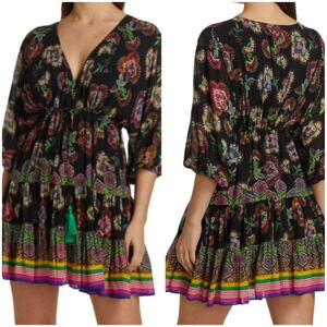 ALEXIS Holli Tapestry Print Mini Dress, Boho Peasant Dress w/Tassle Ties, EUC!